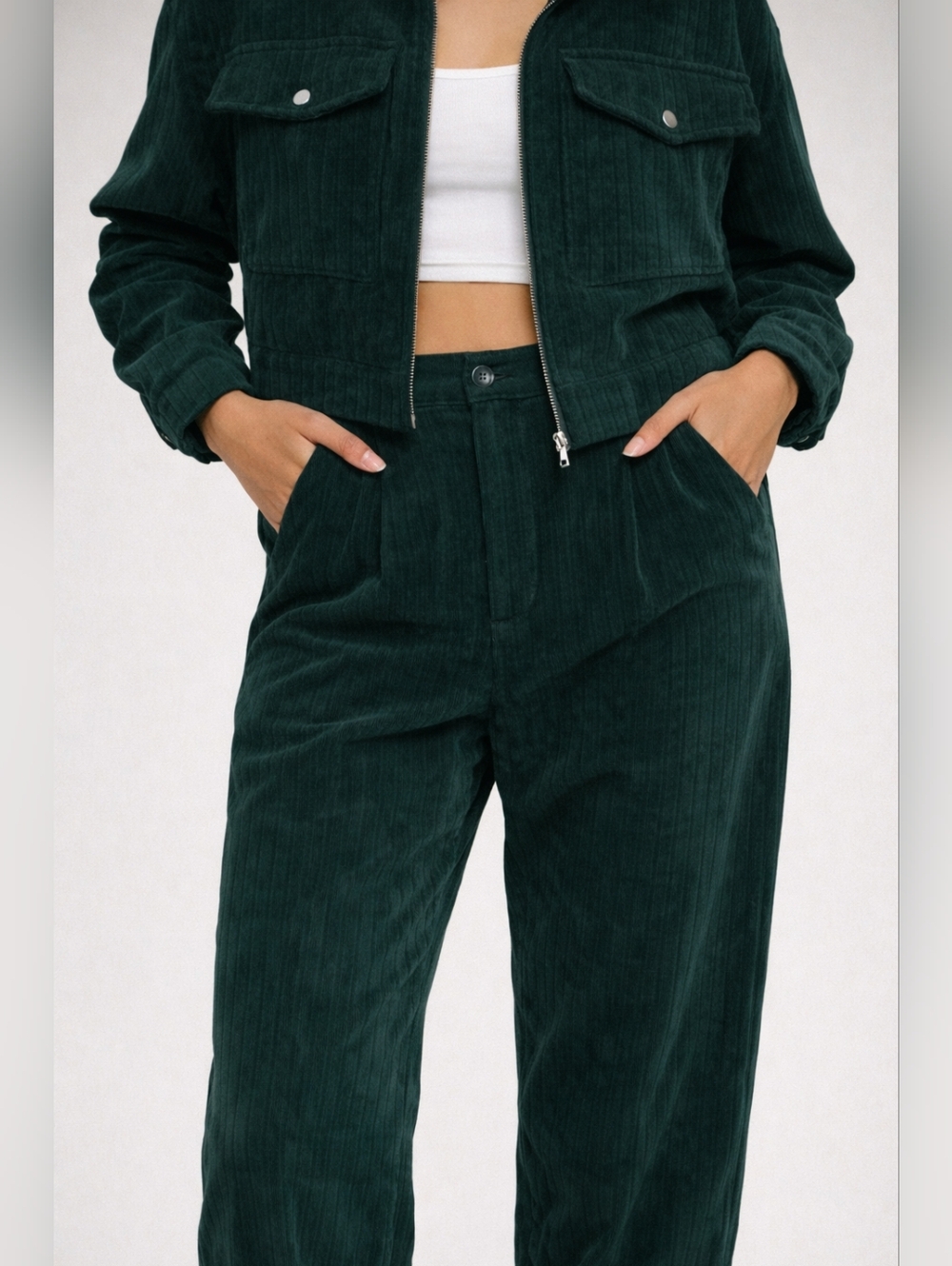 NWT 2 Set Kuwalla Suede Bomber Jacket & High Waisted Pants Set Green Co-Ord Luxe